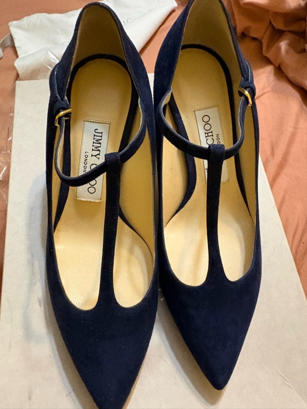Jimmy Choo Dark Blue T-Strap Heels - Picture 13 of 15